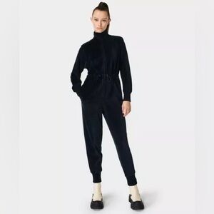 Sweaty Betty Retake Velour Jumpsuit Revolve Black Long Sleeve Romper Medium *R